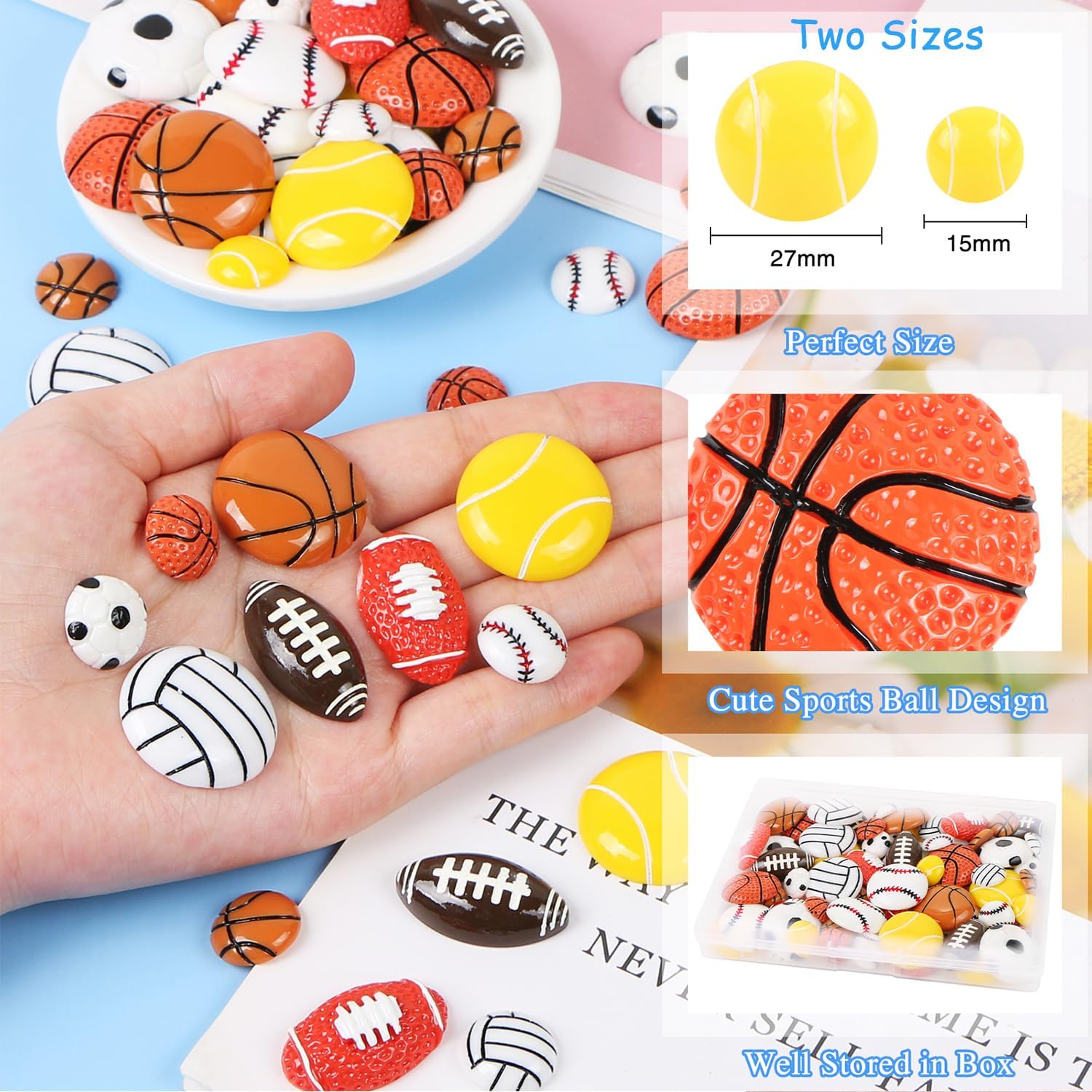 56Pcs Resin Sports Balls for Crafts, Flatback Tiny Sports Theme Embellishment Football Basketball Baseball Soccer Volleyball Beads Decors with Box DIY Sports Decoration Scrapbooking Party Decor